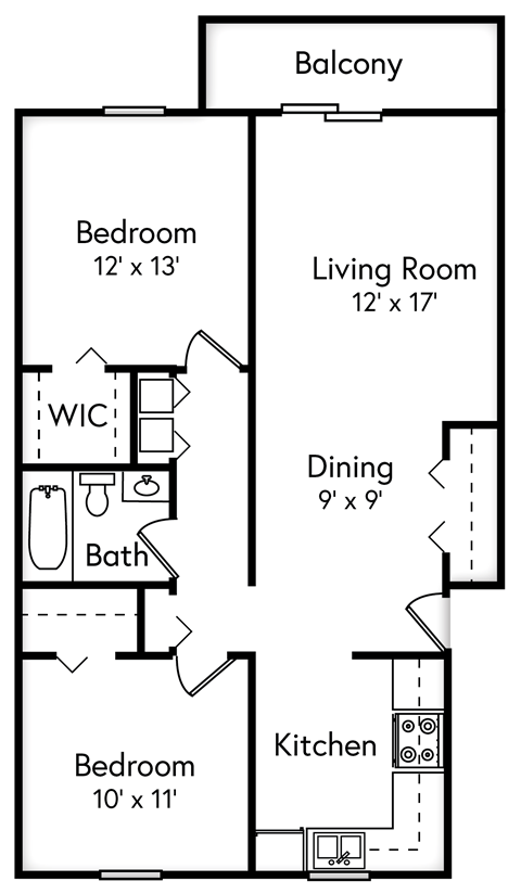 Floor plan for 2 beds, 1 bath, 858 sqft